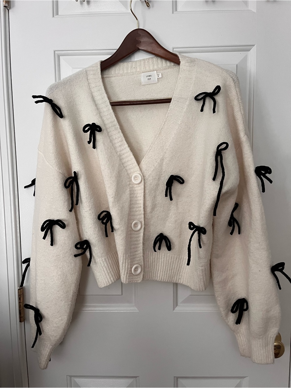 Bow-Appliqué Cream V-Neck Cardigan Sweater